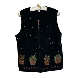 Vintage Charter Club Wool Christmas Vest Size L Black Red Holly Baskets Appliqué